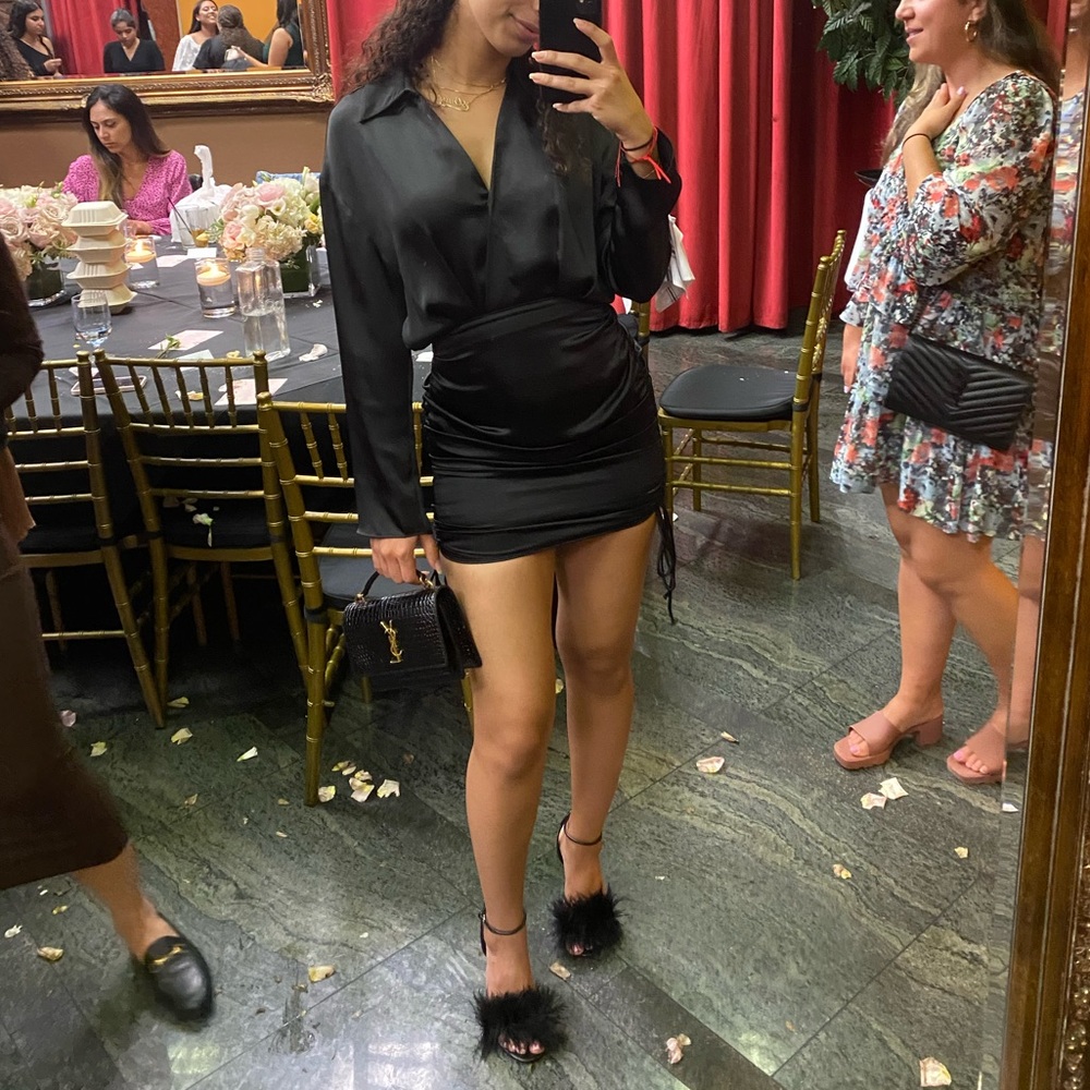 Zara Black Satin long Sleeve Collard Mini Dress